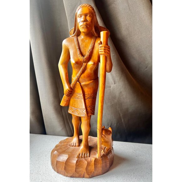 Hand-Carved Ifugao Female Wood Sculpture Narra Wood With Dog Figurine 13.5" Tall - Picture 1 of 14